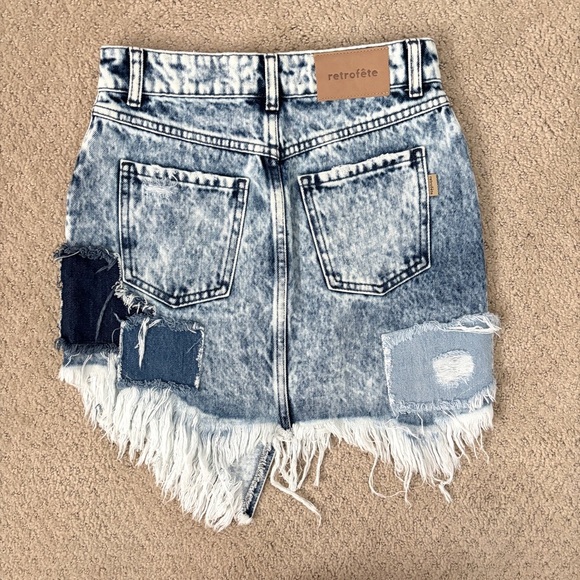 NEW Retrofete Irene Denim Mini Skirt Patchwork Blue Acid Wash Asymmetric Hem XS - Picture 6 of 8